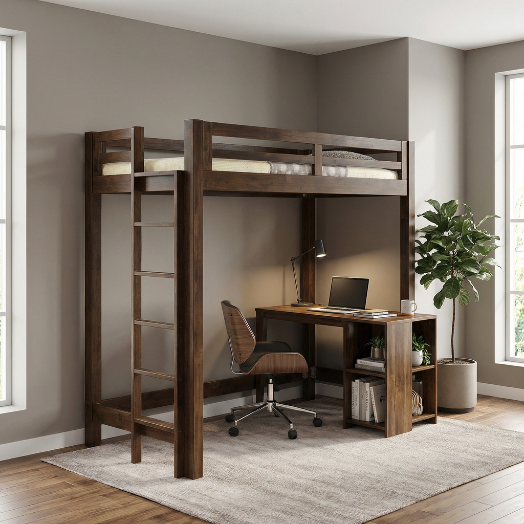 Alaire Wooden Loft Bed Frame (Dark Cherry) – Megafurniture