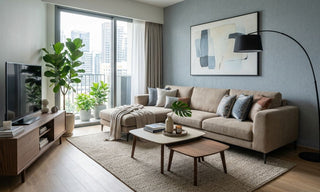 1-bedroom condo living room with beige sofa, TV console, coffee table, rug, and balcony plants