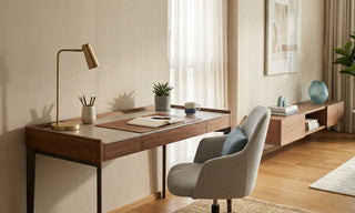 Walnut 1m study desk with drawers, brass lamp, upholstered chair, and warm modern home office styling in Singapore.