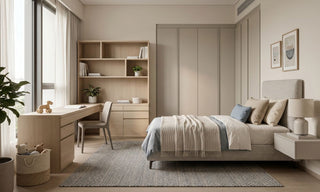 Children's room in a 2-bedroom condo with single bed, study desk, full-height wardrobe and open floor space