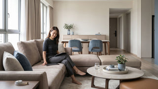 Woman checking furniture measurements in a 2-bedroom condo living and dining area in Singapore.