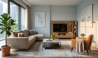 2-bedroom condo living room with beige sofa, TV console, coffee table, rug and balcony windows