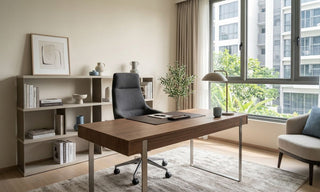 2-bedroom condo study with wooden desk, ergonomic chair, storage shelves and large window in Singapore