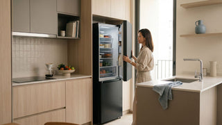 Woman opening a two-door fridge in a compact Singapore kitchen with warm wood cabinetry and natural daylight.