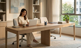 Two person desk setup in a bright Singapore home office with a long wooden workstation, office chairs, laptop, storage shelves, and natural window light.