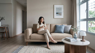 Woman seated on a compact beige sofa in a bright 2-room Flexi HDB living room with coffee table and window view.
