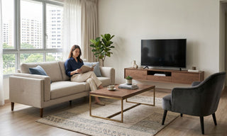 Woman reading on a beige sofa in a 2-room Flexi living room with a TV console, coffee table, armchair, and HDB window view.