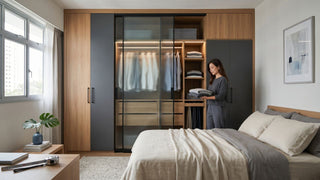 Woman folding clothes beside a sliding wardrobe in a 3-room HDB bedroom with wood and grey storage panels.
