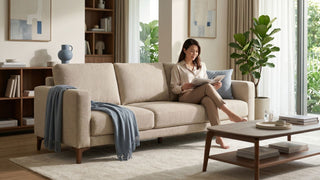 Beige 3 seater fabric sofa in a bright Singapore living room with coffee table and reading corner.