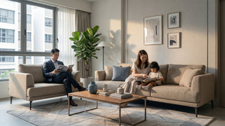 Family relaxing on a beige 3-seater sofa in a modern Executive Condo living room with coffee table, armchair and warm natural light.