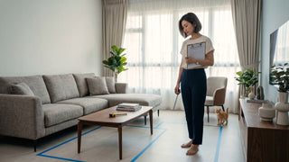 Woman measuring a 4-room HDB living room with blue tape markings to check furniture delivery clearance before arrival.