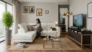 4-room HDB living room with white L-shaped sofa, TV console, glass coffee table and balcony