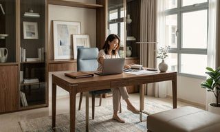 Woman working at a wooden desk in a 4-room HDB study with built-in storage cabinets and natural window light.