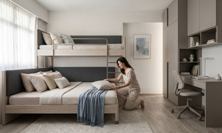 5-room HDB children’s room with loft bed, lower bed, built-in wardrobe, study desk, and soft neutral styling.