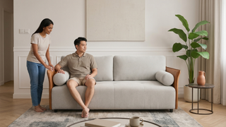 5-room HDB living room with sofa, TV console, coffee table, and modern storage layout