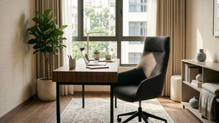 60cm wooden desk with laptop and office chair in a bright Singapore home office by the window