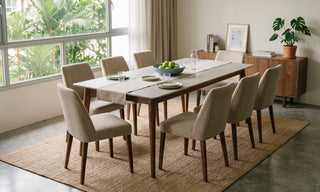 8 seater wooden dining table with upholstered chairs in a bright Singapore HDB dining area