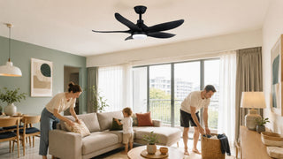 Black Acorn ceiling fan in a bright Singapore family living room with practical modern furniture and warm home styling