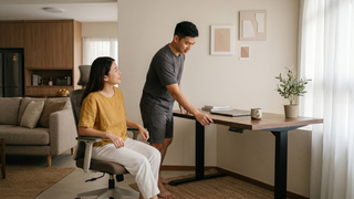 Adjustable desk in a Singapore home office with clean ergonomic workstation setup