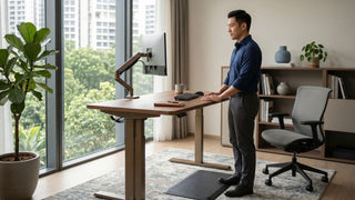 Man using an adjustable standing desk with monitor arm in a modern Singapore home office.