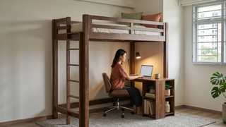 Loft bed with home office setup below in a Singapore room