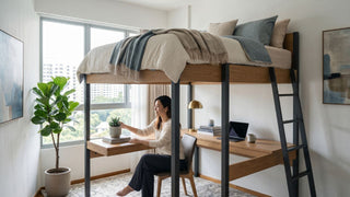 Adult loft bed with built in desk in a bright Singapore condo bedroom