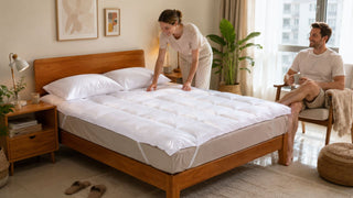 White quilted affordable mattress on a wooden bed frame in a bright Singapore condo bedroom with a couple arranging the bedding