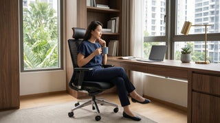 Woman sitting on a black mesh office chair in a bright Singapore home office with a wooden desk and large window.