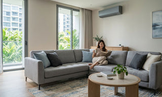 Modern Singapore condo living room with wall-mounted air conditioner above a grey sectional sofa