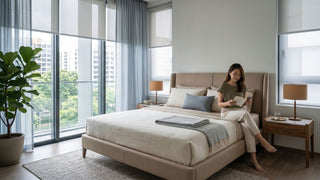 Woman reading in a bright Singapore condo bedroom with aircon-friendly window coverings and a calm upholstered bed setup.