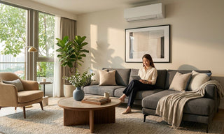 Modern Singapore condo living room with wall-mounted aircon, sofa, coffee table, and natural daylight.