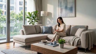 Woman using an aircon remote in a bright Singapore condo living room with a beige sofa and large windows.