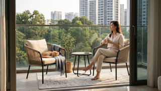Balcony chairs with cushions on a Singapore condo balcony overlooking greenery and high-rise buildings