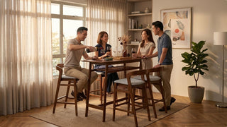 Group hosting wine at a wooden bar-height table with matching stools in a stylish Singapore dining room