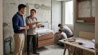 Homeowner and contractor reviewing bathroom accessories placement during a Singapore bathroom renovation