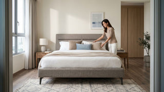 Woman arranging pillows on an upholstered bed frame in a bright Singapore condo bedroom with wood flooring and neutral decor.