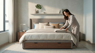 Woman arranging a folded blanket on a storage bed frame in a calm Singapore bedroom with neutral bedding and wooden drawers.