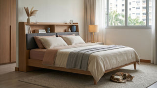 Bed with wooden headboard storage in a bright Singapore bedroom with shelves, soft bedding, bedside lamp, and cat on rug.