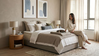 Woman sitting on a bed without a headboard in a neutral Singapore condo bedroom with layered cushions and bedside tables
