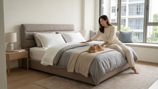 Woman arranging layered bedding on a queen bed in a bright Singapore condo bedroom with soft neutral linens and a cat.
