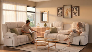 Beige fabric recliner sofa set in a cosy Singapore living room with family-friendly seating and warm evening light