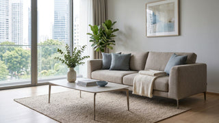 Beige fabric sofa in a bright Singapore living room with balcony windows and good airflow