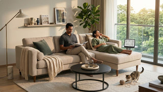 Couple relaxing on a beige L-shaped sofa in a bright Singapore condo living room with balcony views