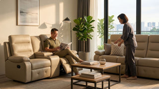 Couple relaxing with a beige leather recliner sofa set in a warm Singapore living room with city views