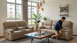 Man cleaning a beige recliner sofa in a cosy Singapore HDB living room