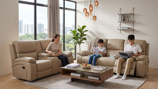 Beige recliner sofa set in a family living room with study materials, TV area, coffee table, and relaxed seating