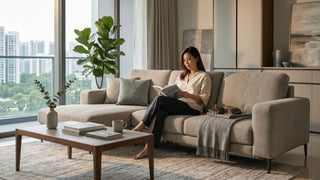 Woman reading on a beige sectional sofa in a modern Singapore condo living room with coffee table and indoor plants