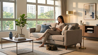 Woman reading on a beige sofa bed in a bright Singapore living room with a cat on the rug.