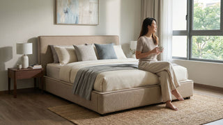 Woman sitting on a beige upholstered bedframe in a bright Singapore bedroom with neutral bedding and wooden bedside table.