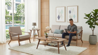 Beige wooden-frame settee with matching armchair and coffee table in a bright Singapore living room with poolside view